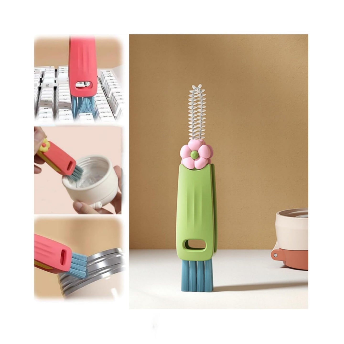 Bottle Brush 3 in 1 Cup Lid Cleaning Brush， Crevice Cleaning BrushStraw Cleaner Brush，Cup Cleaning Brush，Multifunctional Cleaning Brush Cup Lid Cleaner(B-Green)